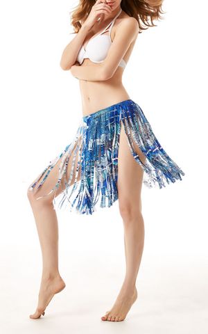 F4582-2 Bluish Printed Tassel Beach Skirt